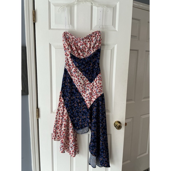 Lulus Dresses & Skirts - NEW Golden Hour Blush Navy Floral Print Strapless Midi Dress Asymmetrical Spring